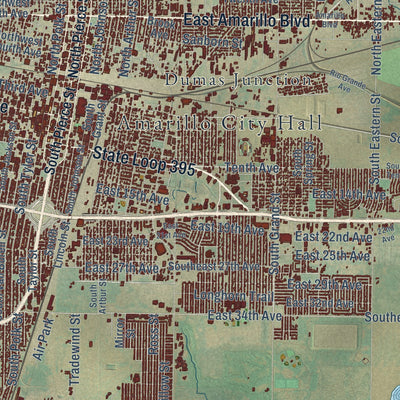 Second close-up of the map of Amarillo, Texas print showing more streets and buildings