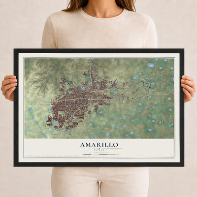 Map of Amarillo, Texas, 12 x 18 inch print in a black wood frame