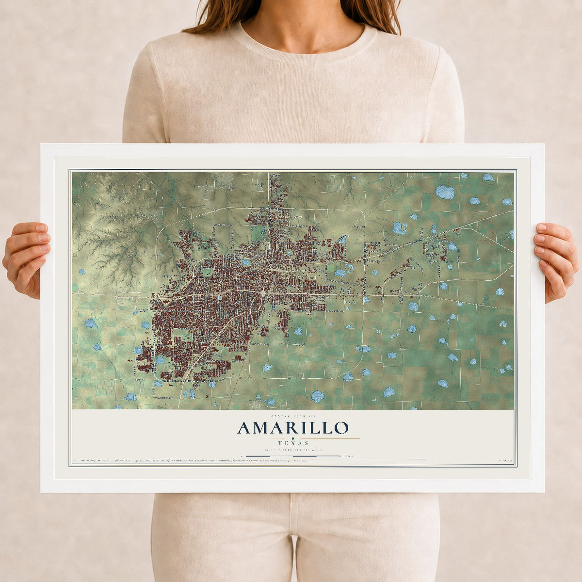 Map of Amarillo, Texas, 12 x 18 inch print in a white wood frame
