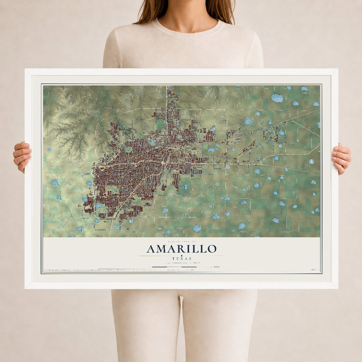 Map of Amarillo, Texas, 24 x 36 inch print in a white wood frame
