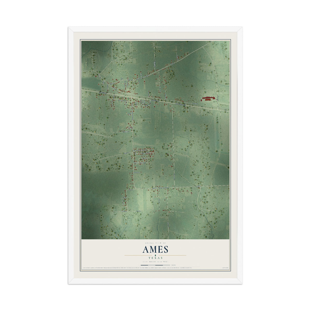 Map of Ames, Texas, 12 x 18 inch print in a white wood frame