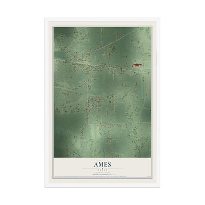 Map of Ames, Texas, 12 x 18 inch print in a white wood frame