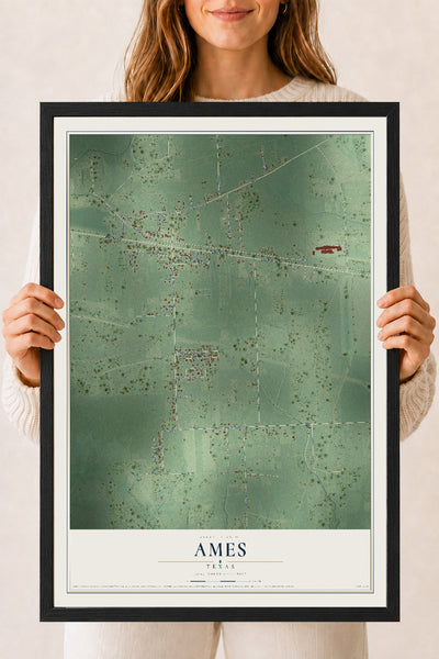 Map of Ames, Texas, 18 x 24 inch print in a black wood frame