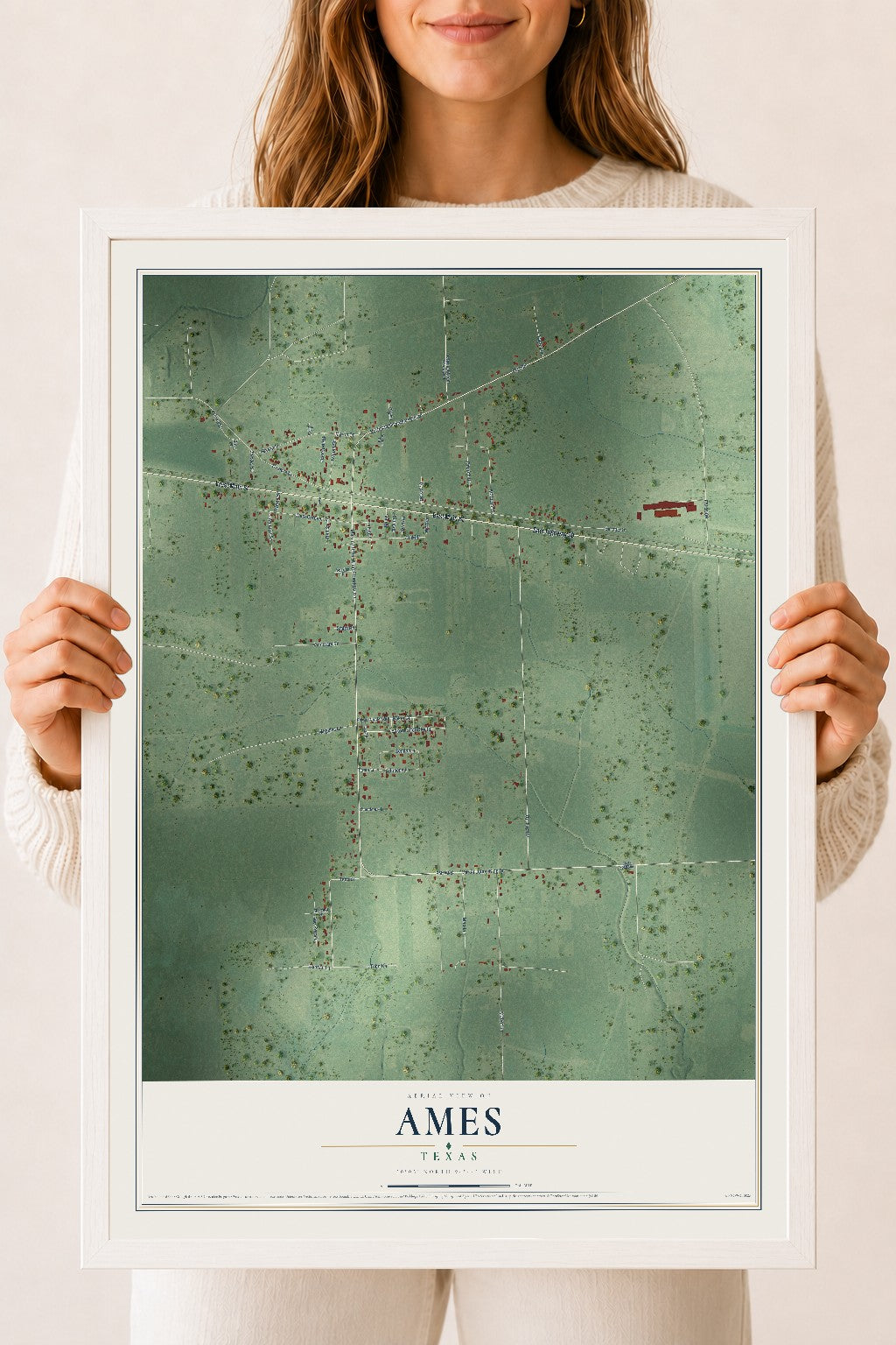 Map of Ames, Texas, 18 x 24 inch print in a white wood frame