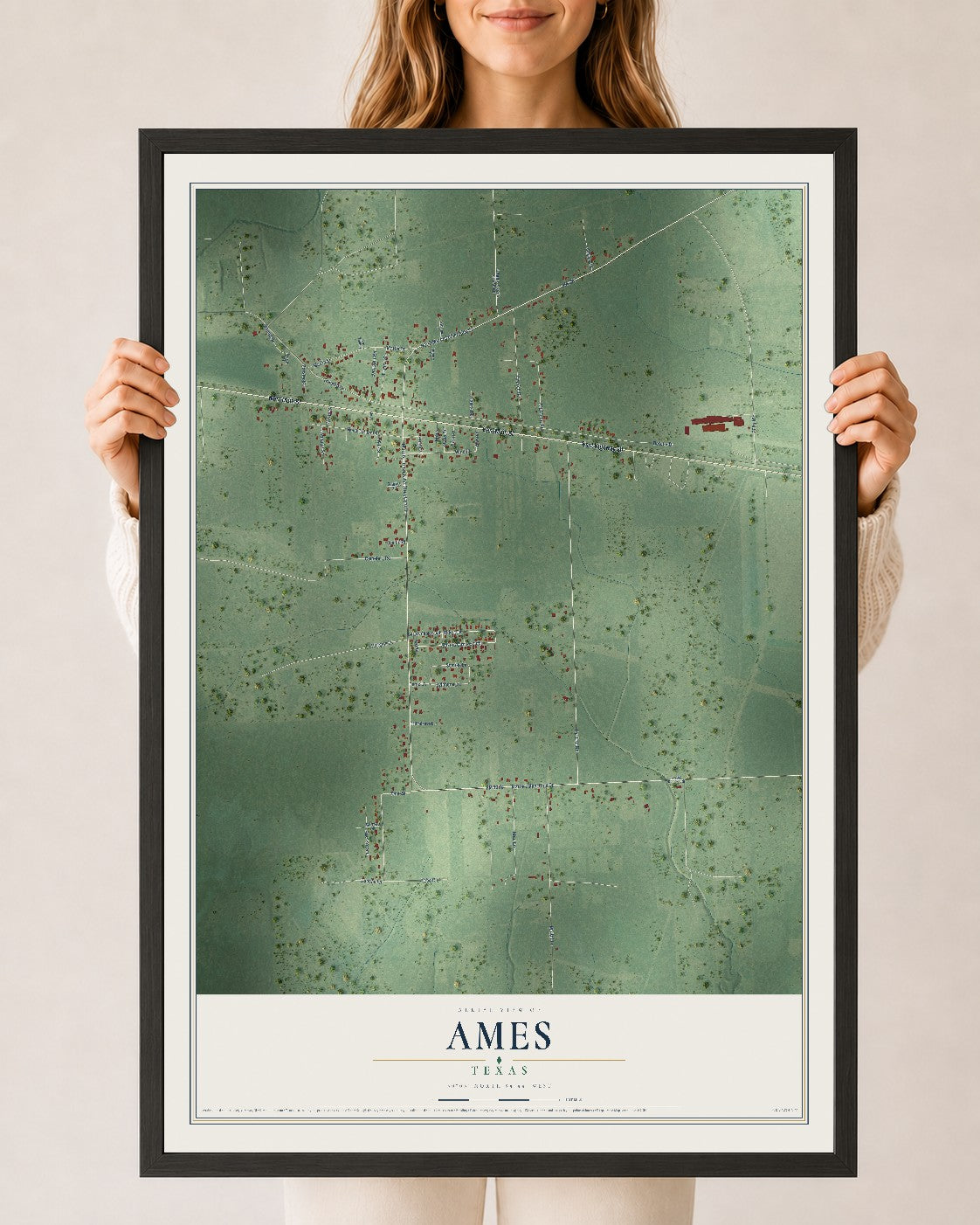 Map of Ames, Texas, 24 x 36 inch print in a black wood frame