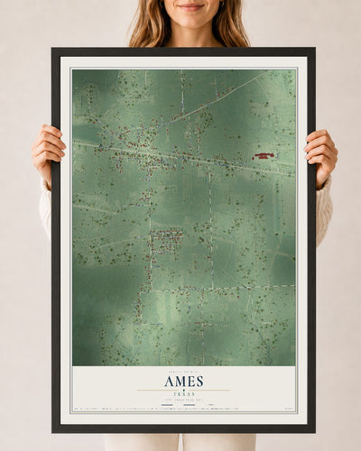 Map of Ames, Texas, 24 x 36 inch print in a black wood frame