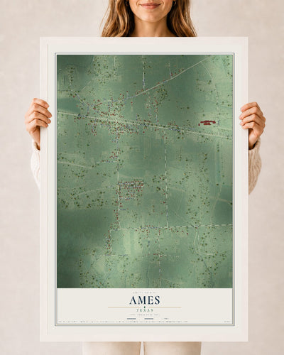 Map of Ames, Texas, 24 x 36 inch print in a white wood frame