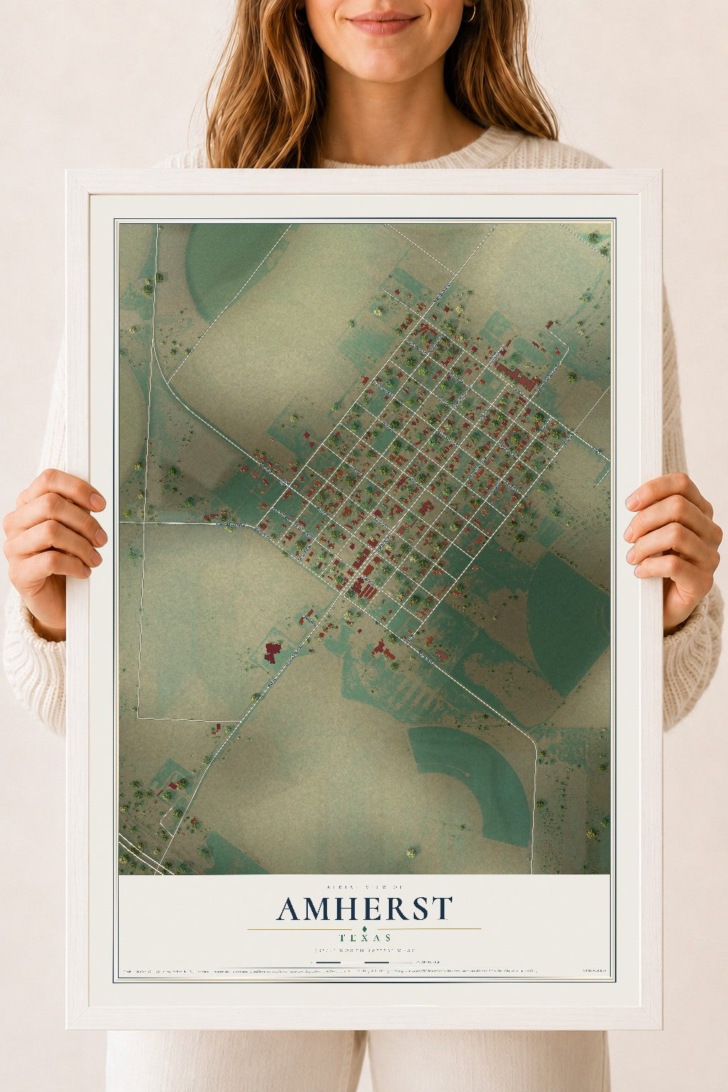 Map of Amherst, Texas, 18 x 24 inch print in a white wood frame