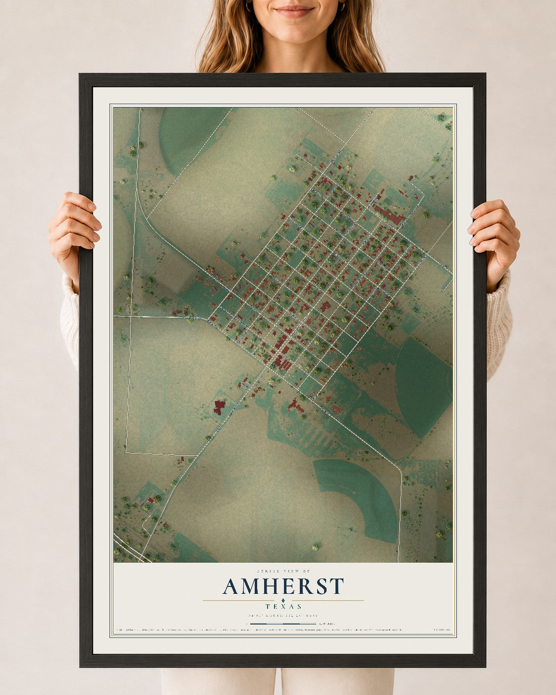 Map of Amherst, Texas, 24 x 36 inch print in a black wood frame