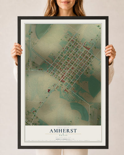 Map of Amherst, Texas, 24 x 36 inch print in a black wood frame