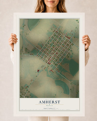 Map of Amherst, Texas, 24 x 36 inch print in a white wood frame