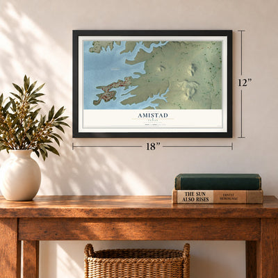 Amistad, Texas map, 12 x 18 inch print in a black frame in an entryway