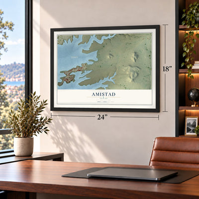 Amistad, Texas map, 18 x 24 inch print in a black frame in a home office