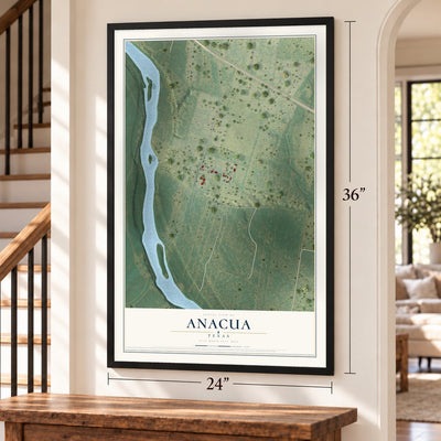 Anacua, Texas map, 24 x 36 inch print in a black frame by a staircase