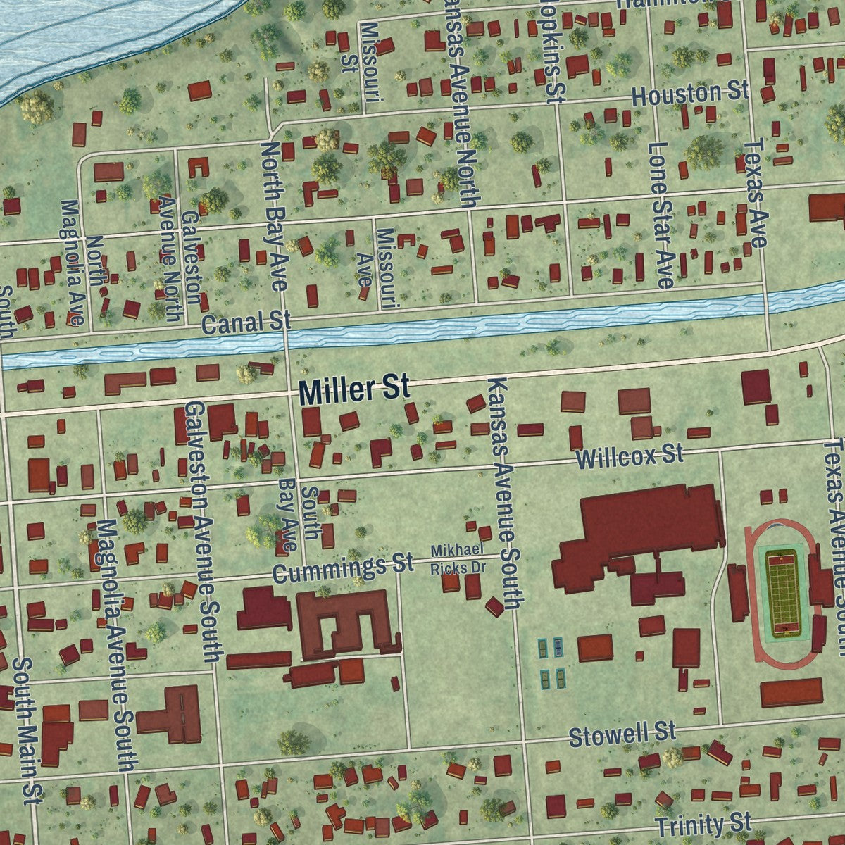 Close-up of the map of Anahuac, Texas print showing street and building detail