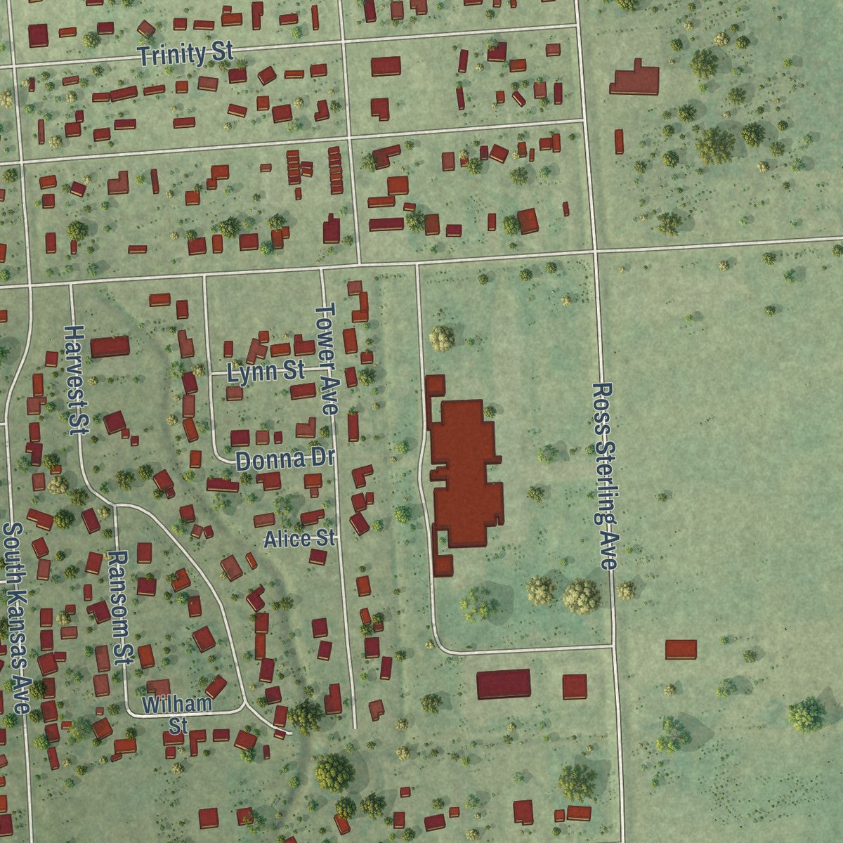 Second close-up of the map of Anahuac, Texas print showing more streets and buildings
