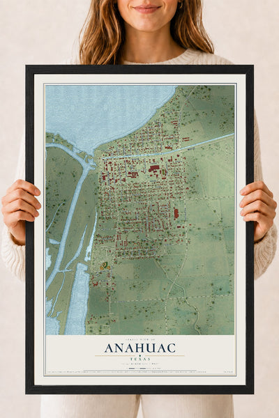 Map of Anahuac, Texas, 18 x 24 inch print in a black wood frame
