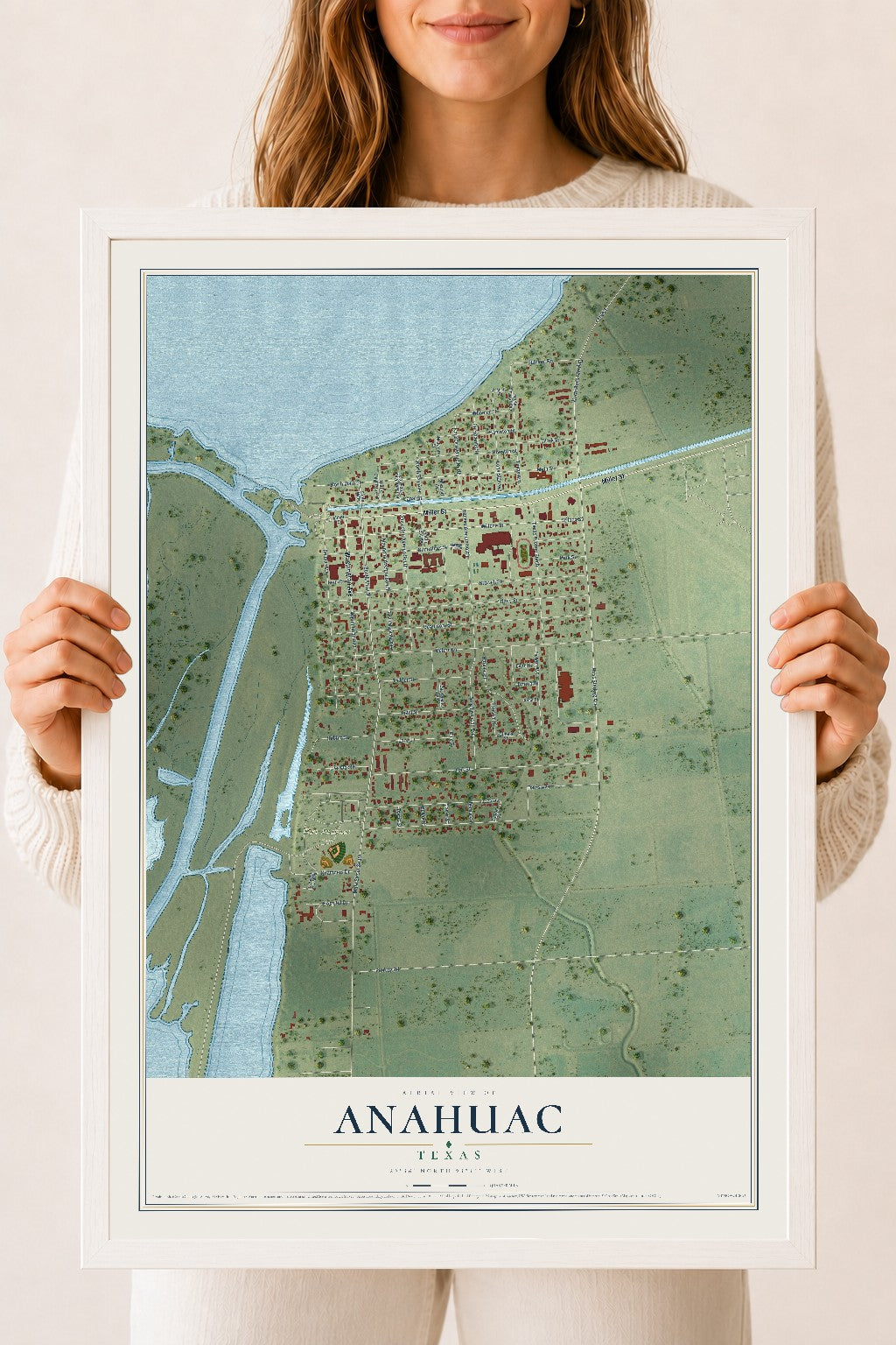 Map of Anahuac, Texas, 18 x 24 inch print in a white wood frame