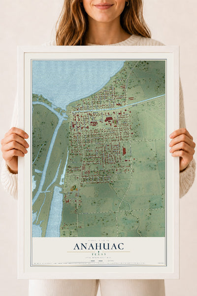 Map of Anahuac, Texas, 18 x 24 inch print in a white wood frame