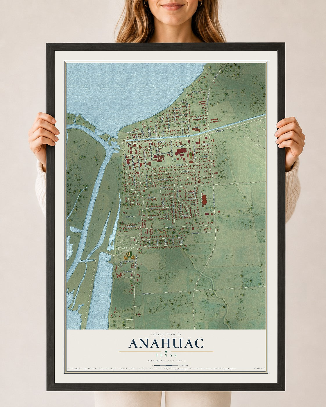 Map of Anahuac, Texas, 24 x 36 inch print in a black wood frame