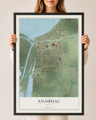 Map of Anahuac, Texas, 24 x 36 inch print in a black wood frame
