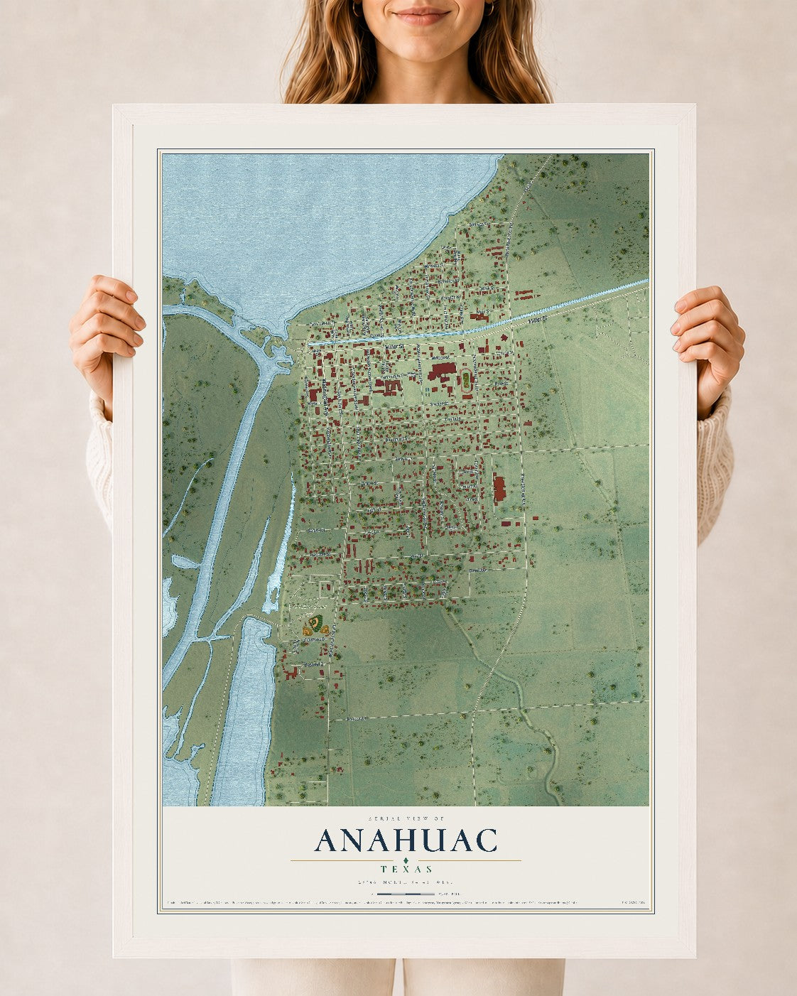 Map of Anahuac, Texas, 24 x 36 inch print in a white wood frame