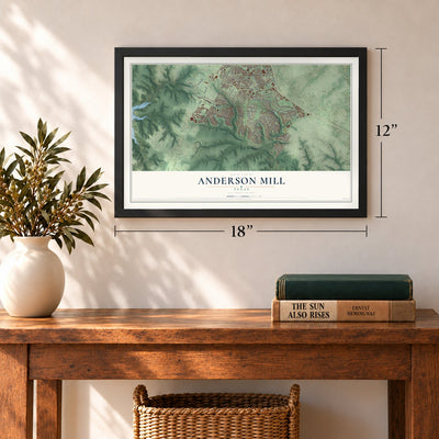 Anderson Mill, Texas map, 12 x 18 inch print in a black frame in an entryway