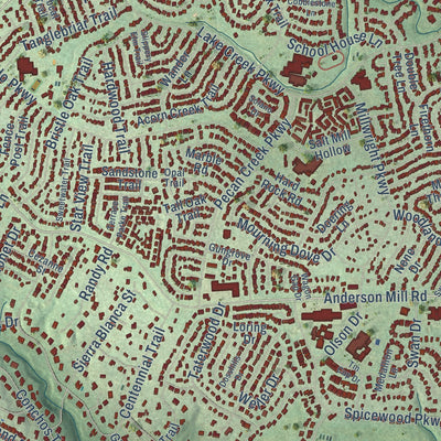 Close-up of the map of Anderson Mill, Texas print showing street and building detail