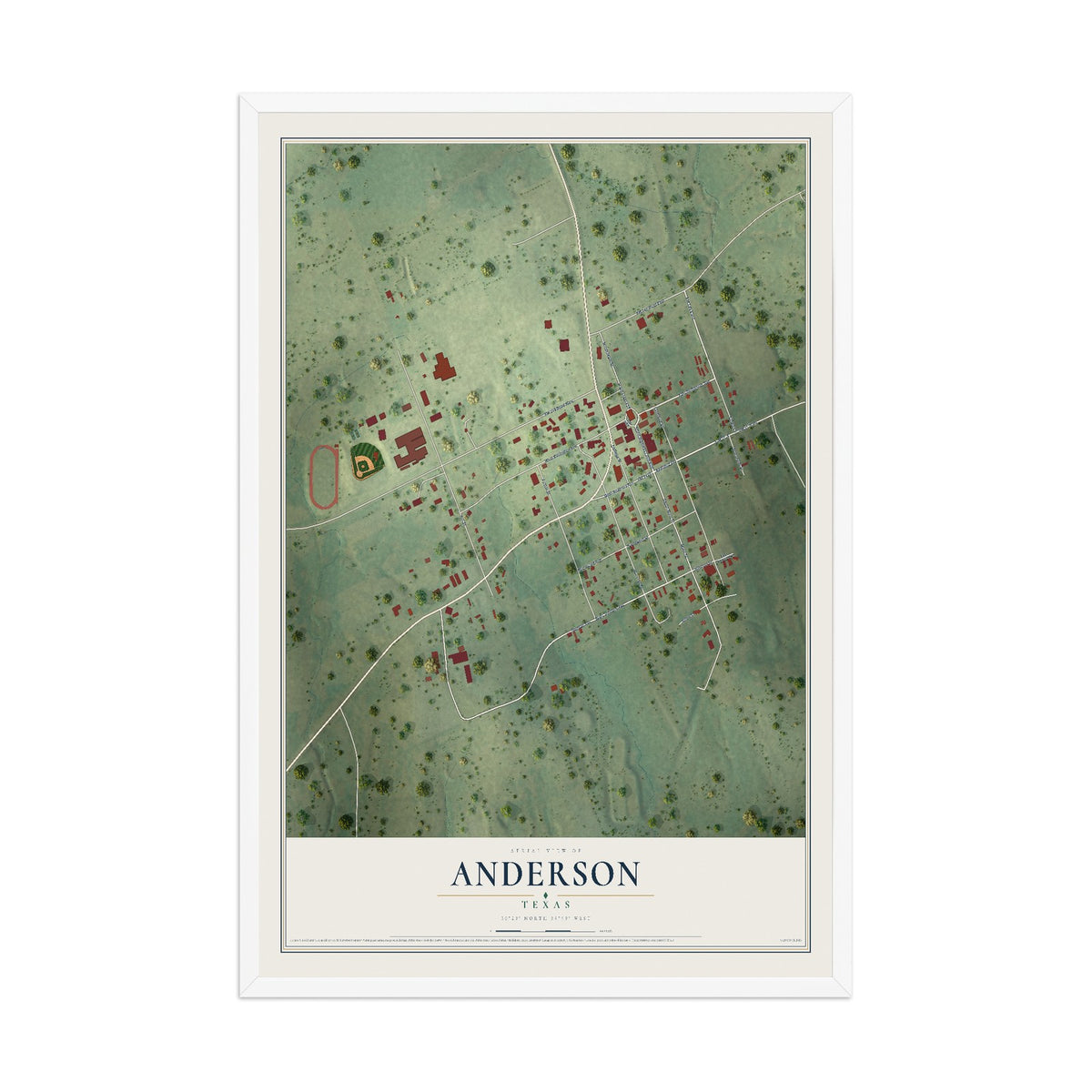 Map of Anderson, Texas, 12 x 18 inch print in a white wood frame
