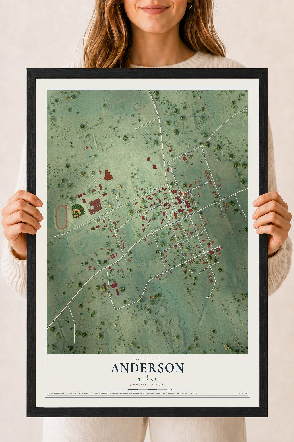 Map of Anderson, Texas, 18 x 24 inch print in a black wood frame