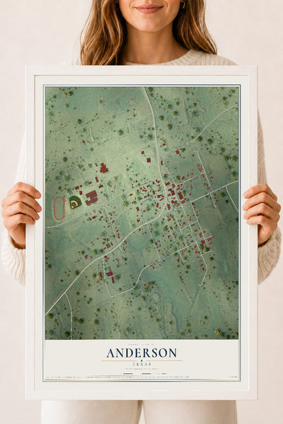 Map of Anderson, Texas, 18 x 24 inch print in a white wood frame