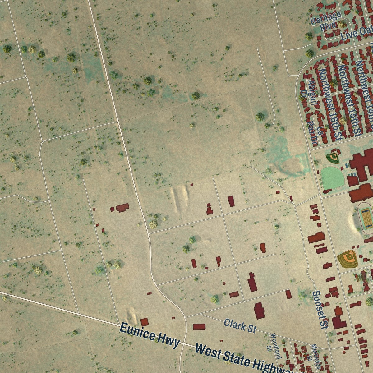 Second close-up of the map of Andrews, Texas print showing more streets and buildings