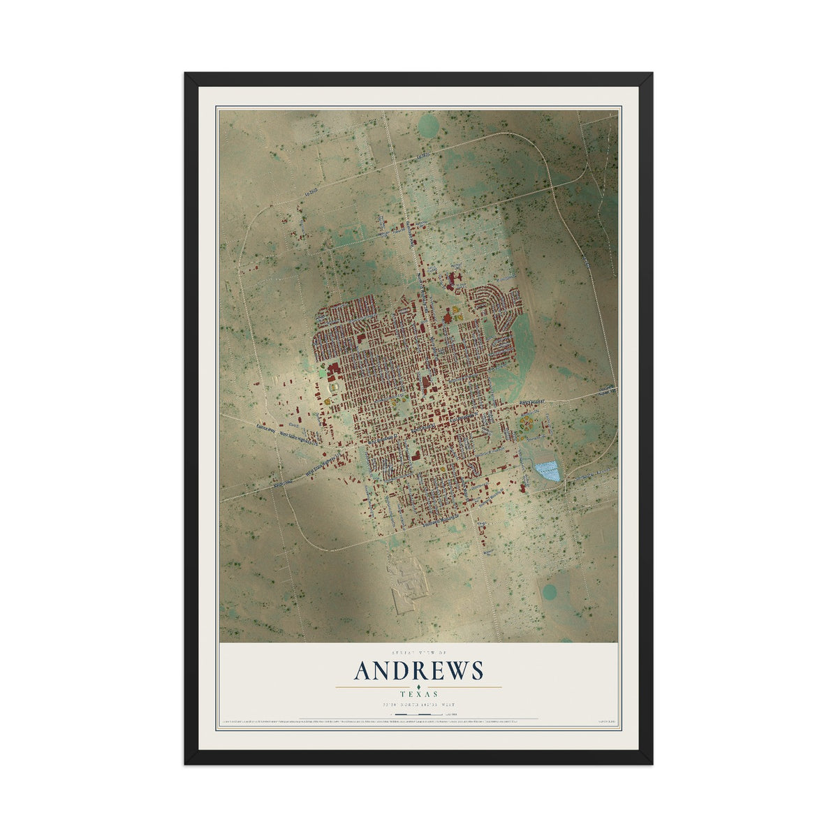 Map of Andrews, Texas, 12 x 18 inch print in a black wood frame
