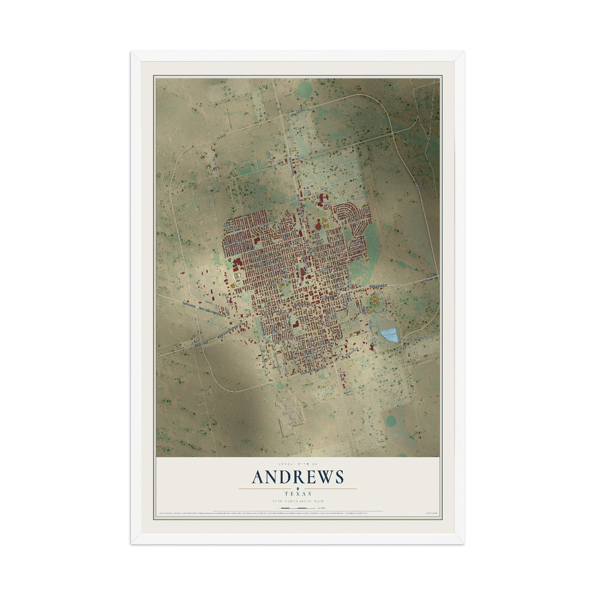 Map of Andrews, Texas, 12 x 18 inch print in a white wood frame