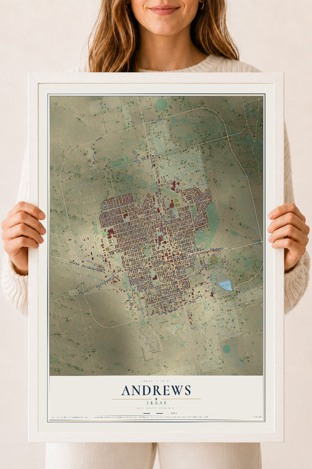 Map of Andrews, Texas, 18 x 24 inch print in a white wood frame