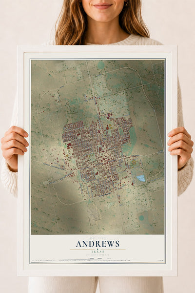 Map of Andrews, Texas, 18 x 24 inch print in a white wood frame