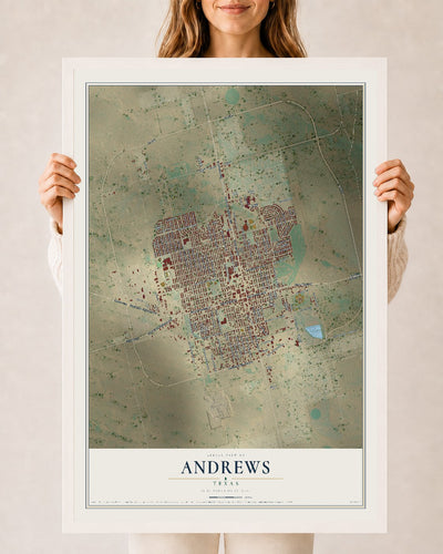 Map of Andrews, Texas, 24 x 36 inch print in a white wood frame