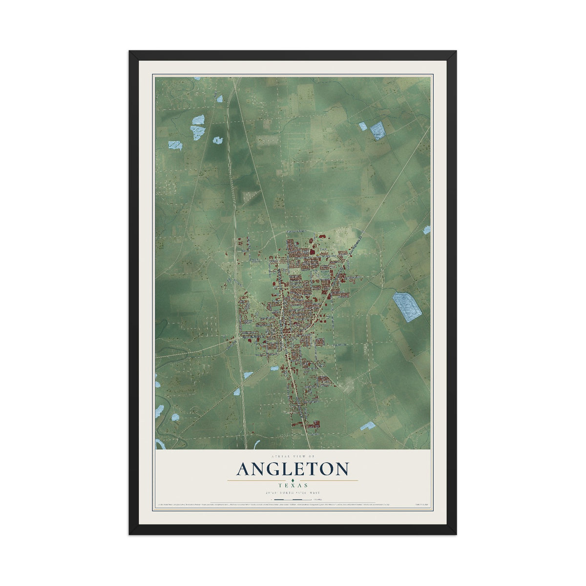 Map of Angleton, Texas, 12 x 18 inch print in a black wood frame