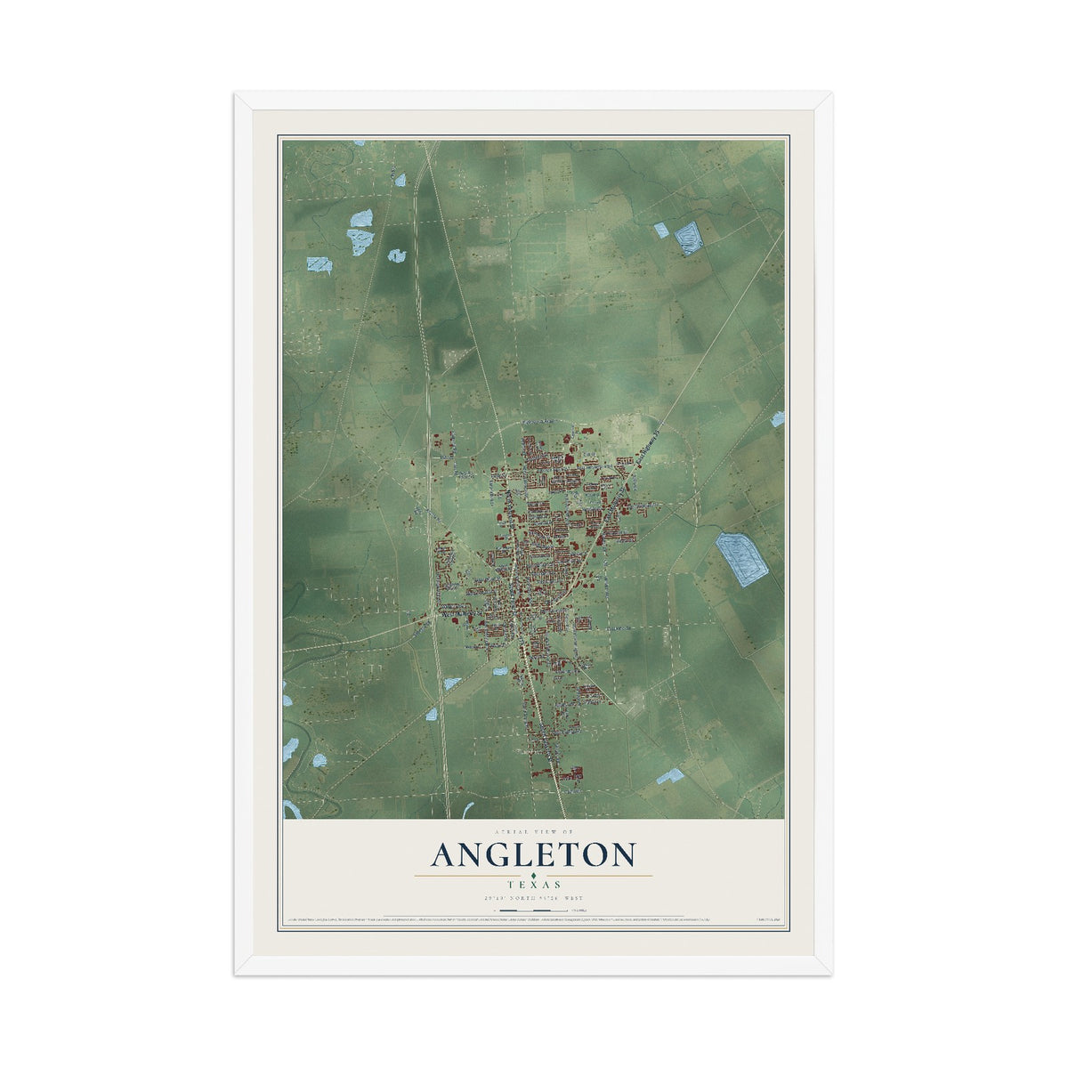 Map of Angleton, Texas, 12 x 18 inch print in a white wood frame