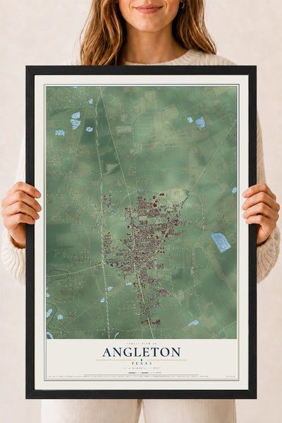 Map of Angleton, Texas, 18 x 24 inch print in a black wood frame