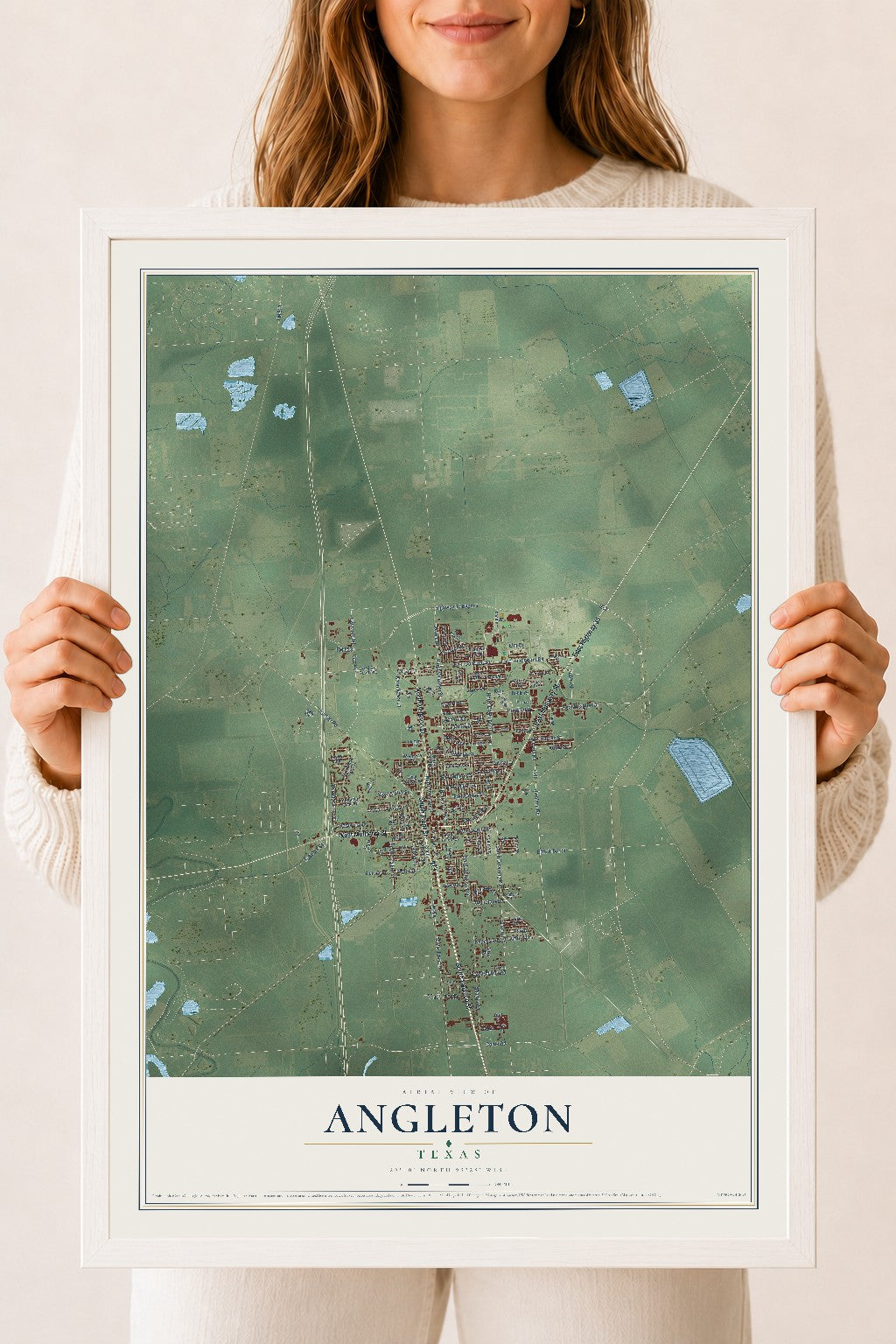 Map of Angleton, Texas, 18 x 24 inch print in a white wood frame