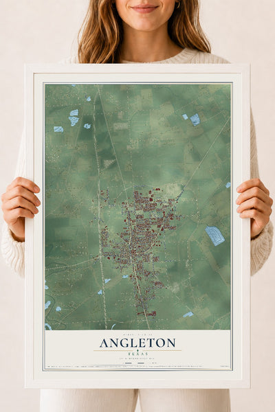 Map of Angleton, Texas, 18 x 24 inch print in a white wood frame