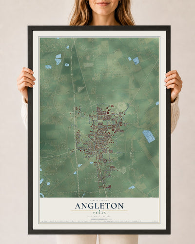 Map of Angleton, Texas, 24 x 36 inch print in a black wood frame