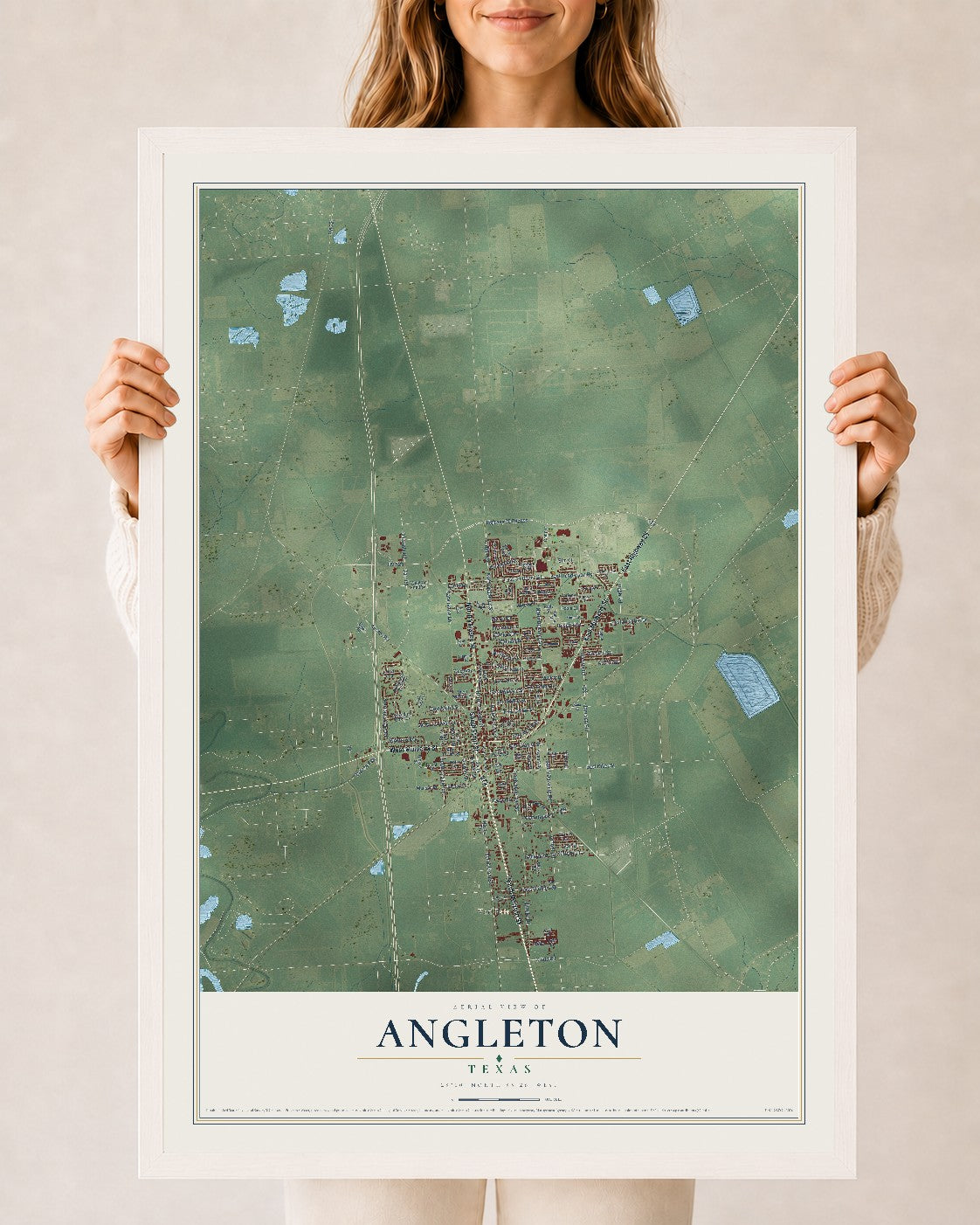 Map of Angleton, Texas, 24 x 36 inch print in a white wood frame