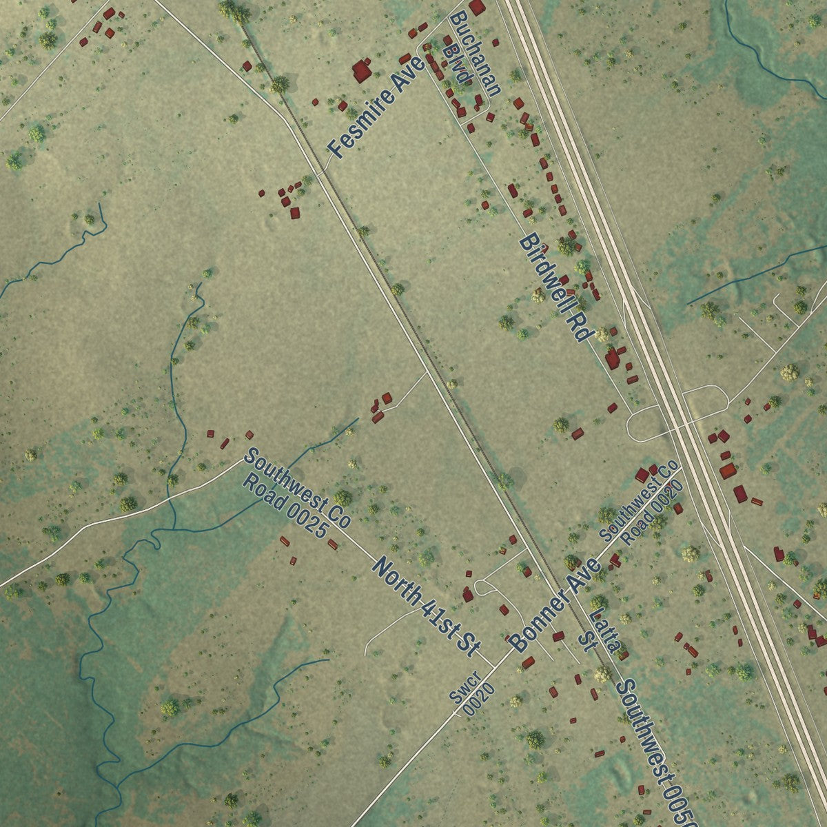 Close-up of the map of Angus, Texas print showing street and building detail