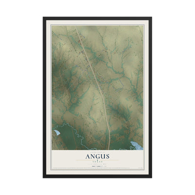Map of Angus, Texas, 12 x 18 inch print in a black wood frame