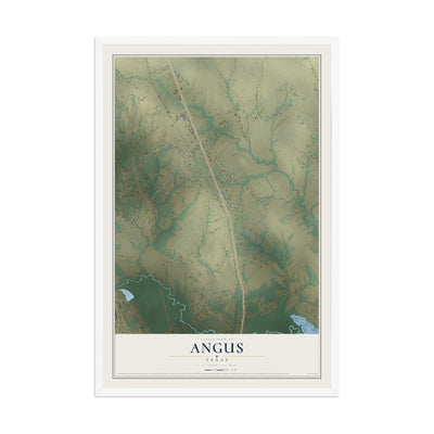 Map of Angus, Texas, 12 x 18 inch print in a white wood frame