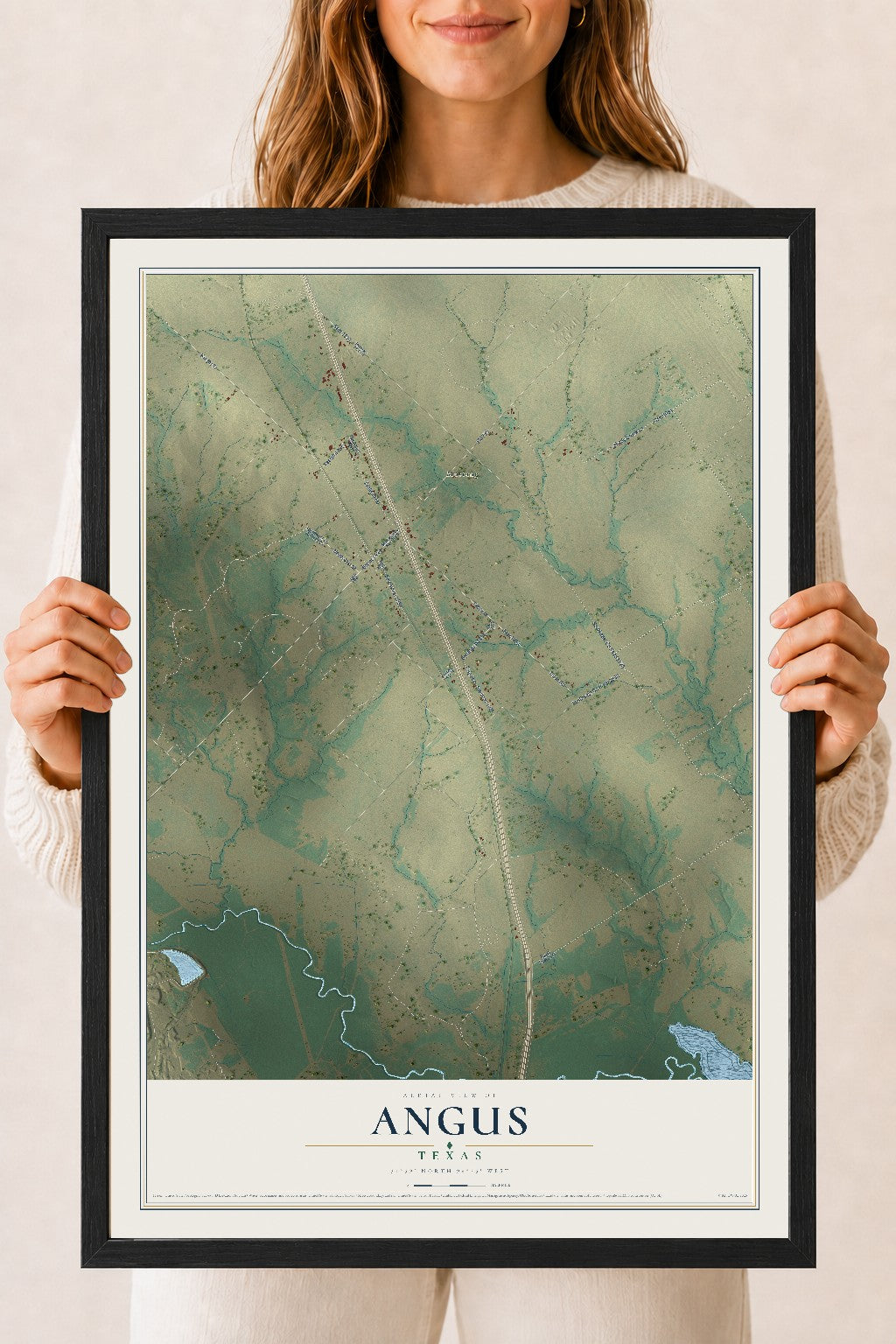 Map of Angus, Texas, 18 x 24 inch print in a black wood frame