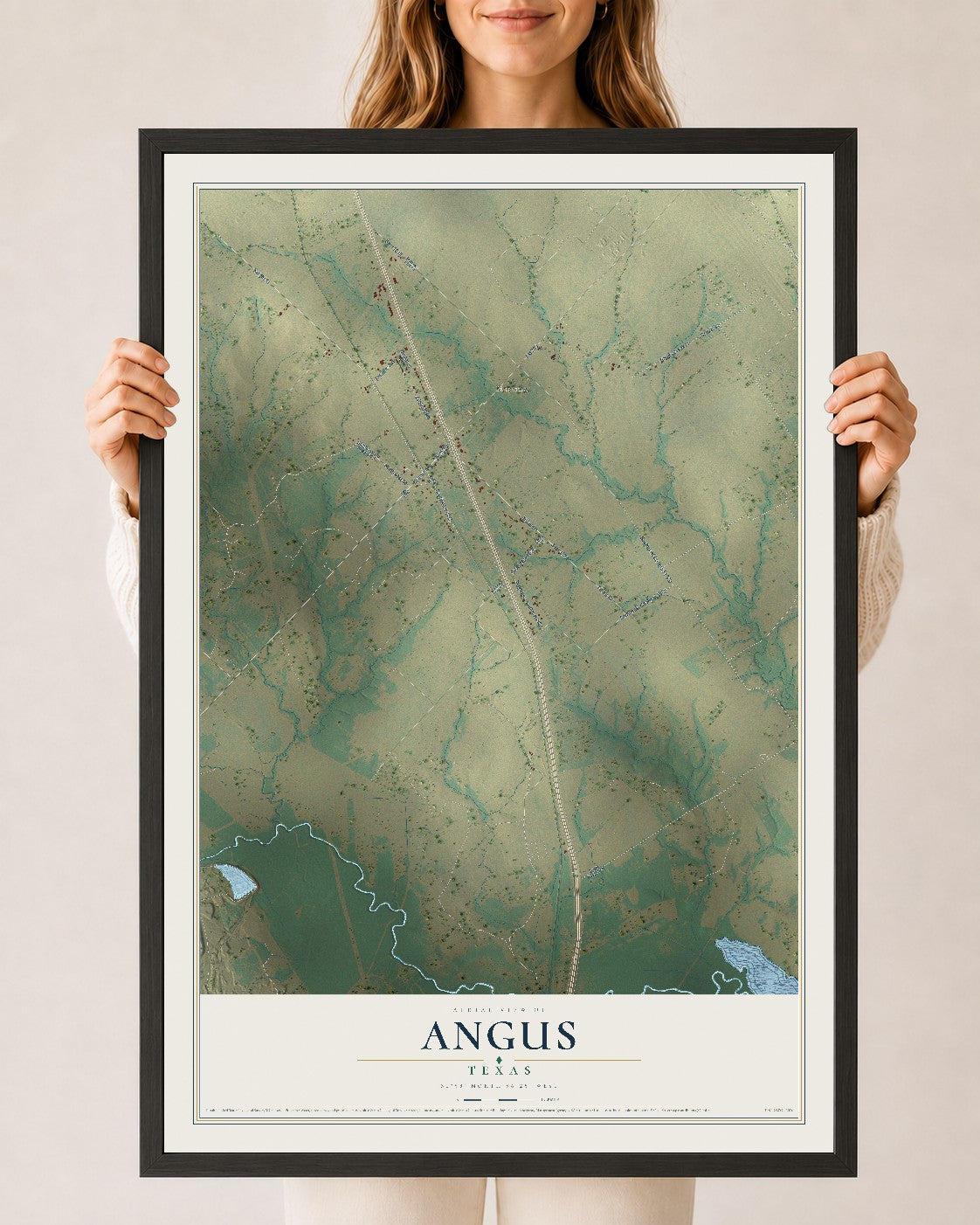 Map of Angus, Texas, 24 x 36 inch print in a black wood frame