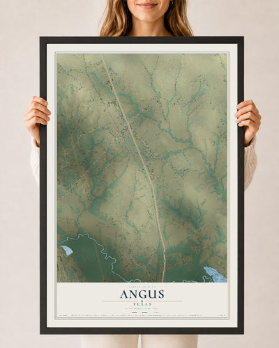 Map of Angus, Texas, 24 x 36 inch print in a black wood frame